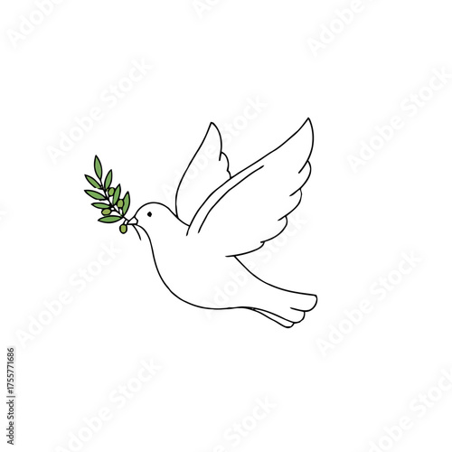Simple line drawing dove flying with an olive branch in its beak