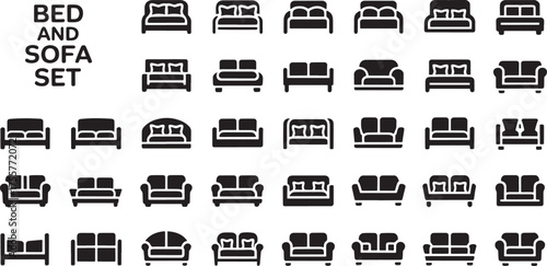 black bed and sofa silhouettes clean minimalist icons set