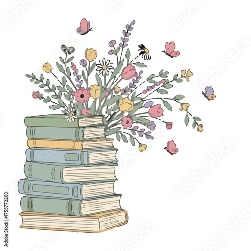 Stack books with flowers and butterflies