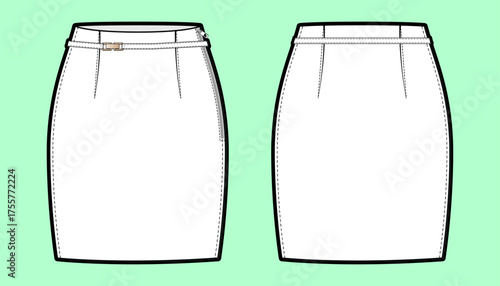 Women's Fitted Pencil Skirt Flat Sketch with Belt Loops and Buckle Detail