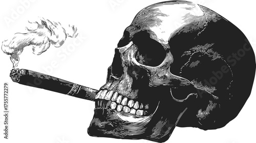 A monochrome illustration of a skull with a lit cigar emitting smoke