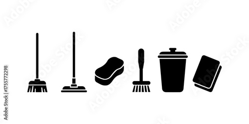 Vector illustration of cleaning tools broom mop sponge dustbin cloth icon set