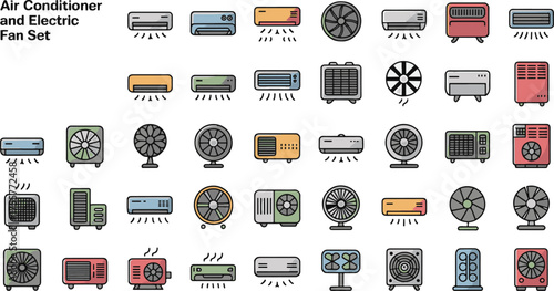 Collection of air conditioner and electric fan icons for diverse cooling solutions