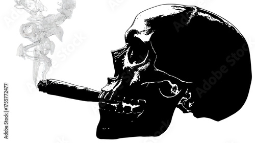 A stark black silhouette of a skull, with a burning cigar emitting wispy smoke