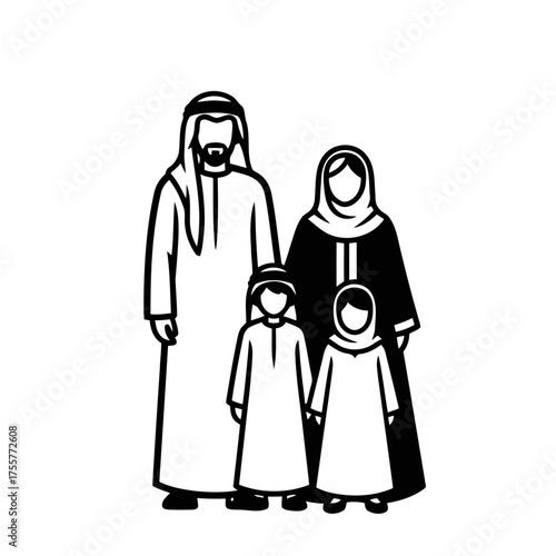 Traditional arab family, including parents and two children, standing together in traditional clothing