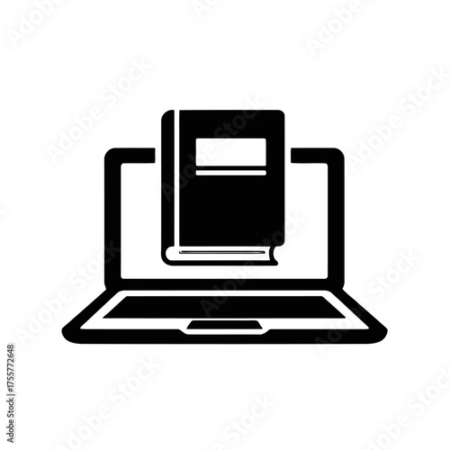 Black and icon representing laptop computer with book displayed on its screen, symbolizing online learning, digital library, or eeducation, isolated on transparent