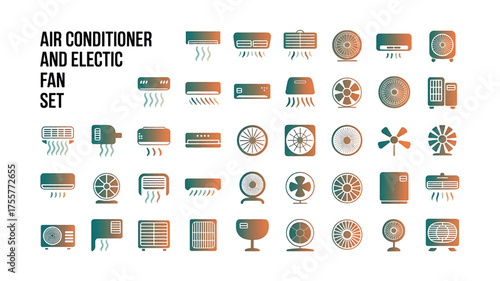 air conditioner and electric fan icon set for cooling and ventilation graphics