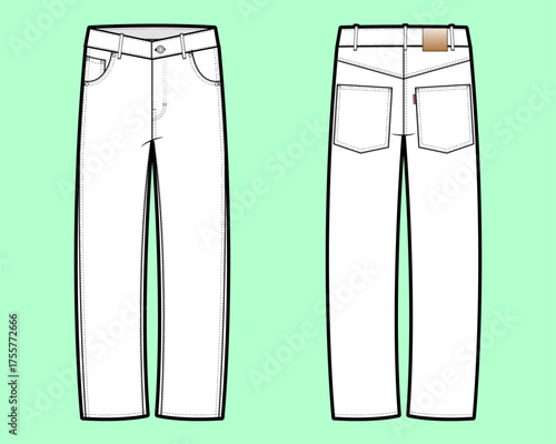 Classic White Denim Jeans – Front & Back Technical Flat Sketch with Coin Pocket, Decorative Stitching, and Branded Back Patch