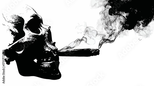 A stark black and white illustration of a skull exhaling a thick plume of dark smoke from a cigar