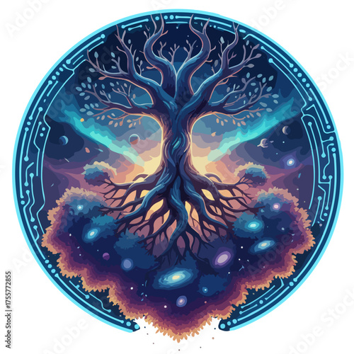 A Digital tree glowing under a shower of emerald shooting stars and so on their synchronized wings blending with the celestial glow forest into a cosmic wonder.	
