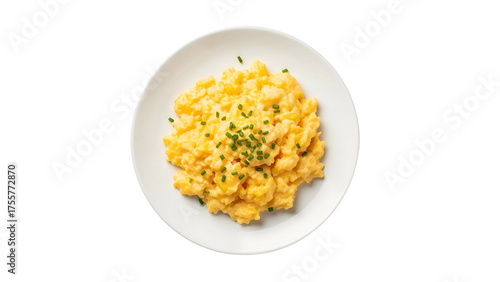 Scrambled Eggs with Chopped Green Herbs on White Plate Transparent Background