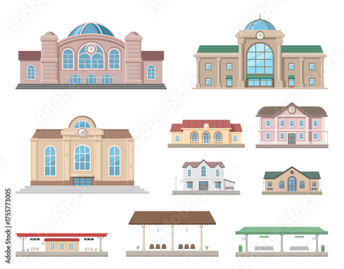 Collection of various train stations and platforms with diverse architectural designs
