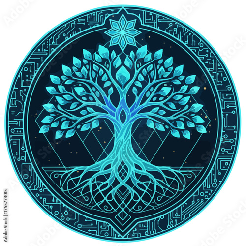 A Digital tree glowing under a shower of emerald shooting stars and so on their synchronized wings blending with the celestial glow forest into a cosmic wonder.	
