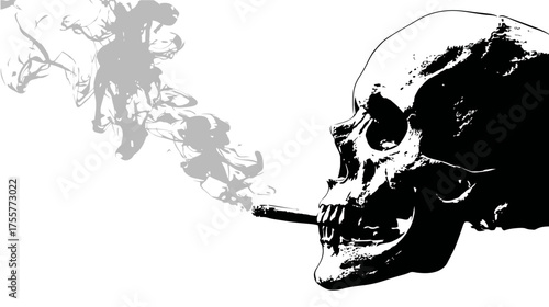A stark black and white illustration of a skull exhaling wisps of grey smoke