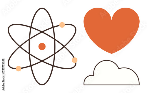 Abstract atom with electrons, solid heart, and outlined cloud. Ideal for science, love, technology, connection, data sustainability innovation. Simple flat metaphor