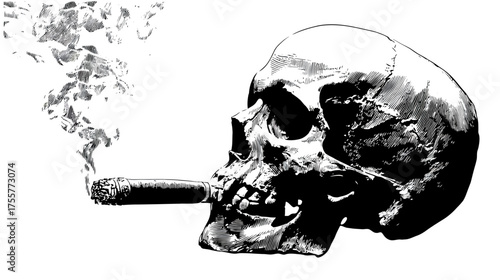 Detailed sketch of a skull smoking a cigar with wisps of smoke