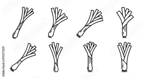 Hand drawn leek vegetables collection diverse angles isolated food ingredient line art vector