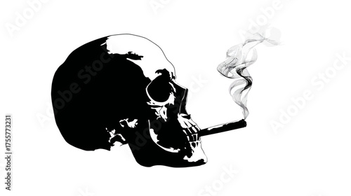 Stylized black skull exhales wisps of smoke from a lit cigar