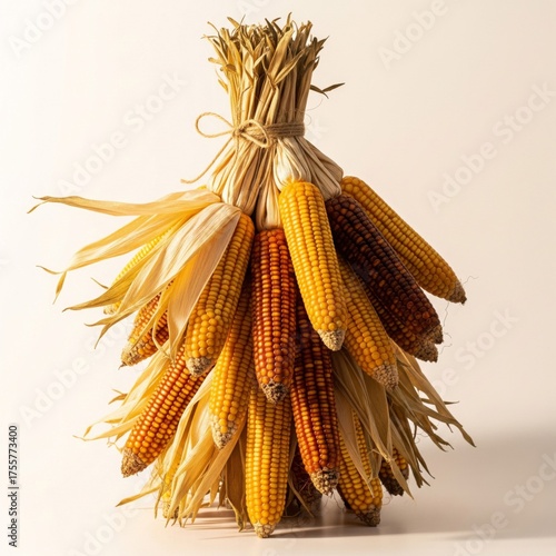 Autumnal Corn Stalk Bundle with Yellow and Brown Maize against White Background