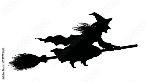 Silhouette of a witch flying on a broomstick against a white background (1)