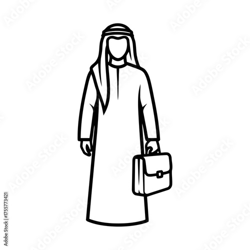 Man wearing traditional thobe and ghutra, holding briefcase, depicted in clean black and line style