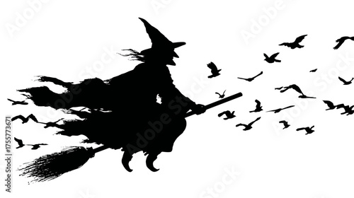 Silhouette of a witch on a broomstick, surrounded by a flock of birds