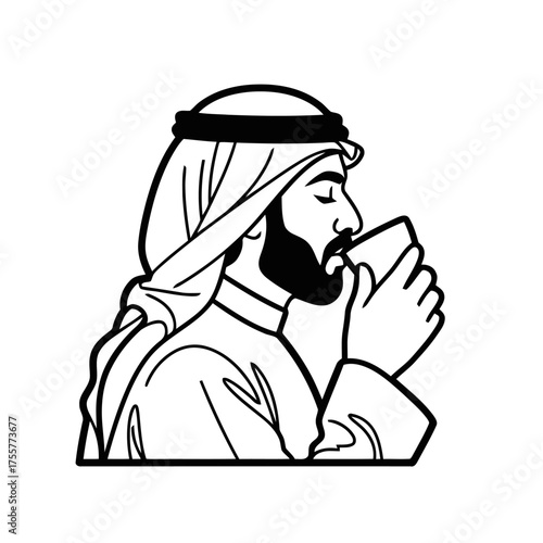 Man wearing traditional arabic clothing and headscarf, drinking from cup