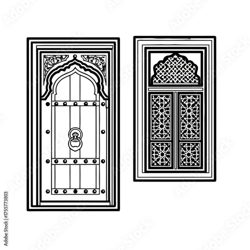 Traditional middle eastern wooden door with knocker and an adjacent ornate window with geometric patterns