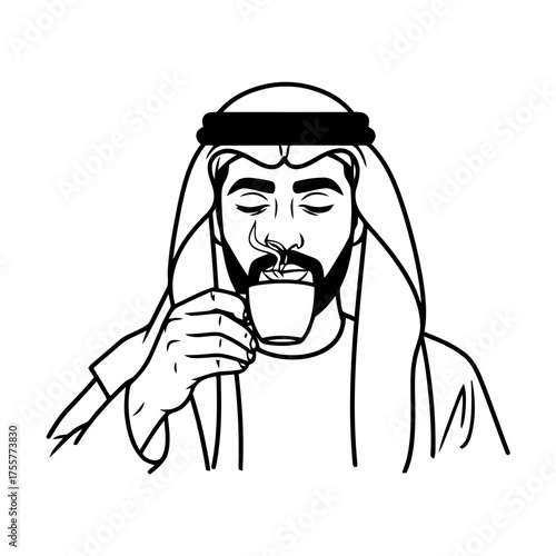 Man wearing traditional arab clothing, keffiyeh and agal, is drinking coffee, with steam rising from the cup, in simple line