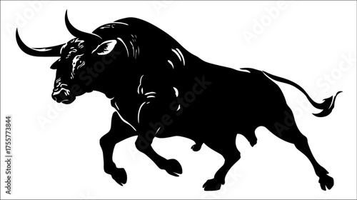 Silhouette of a powerful bull with lowered horns, charging forward