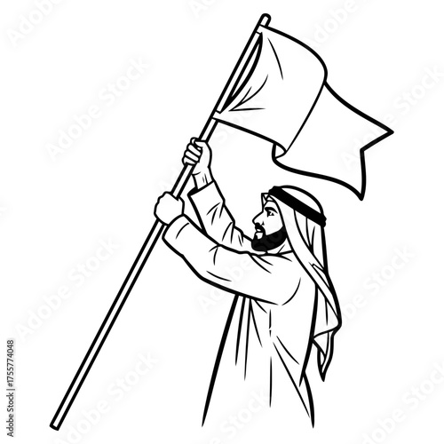 Man with beard wearing traditional arab clothing and headscarf, holding large flag on pole, raising it high in gesture pride or victory