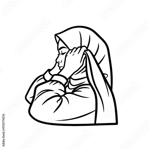 Stylized black outline drawing woman wearing hijab, adjusting her headscarf with her hands, isolated on transparent