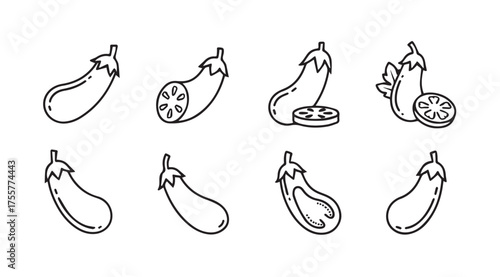 Collection of hand drawn eggplant sketches various poses and slices for healthy food design vector