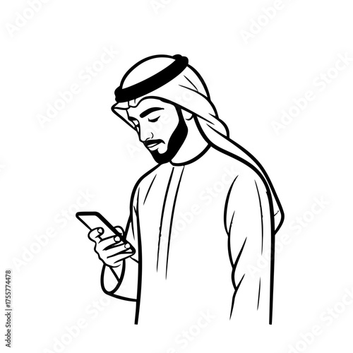 Man in traditional arabic clothing, wearing ghutra and agal, looking at his smartphone