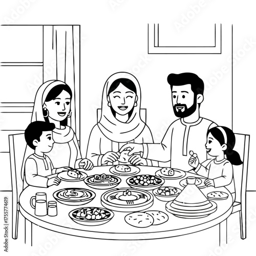 Muslim family enjoying festive meal together around table laden with traditional dishes, celebrating special occasion