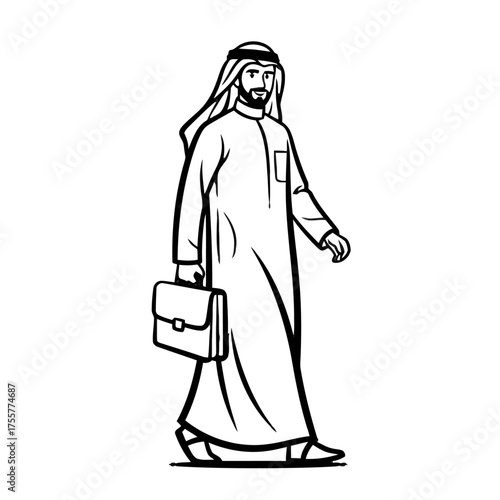Black and line an arab businessman in traditional thobe and ghutra, walking confidently while carrying briefcase