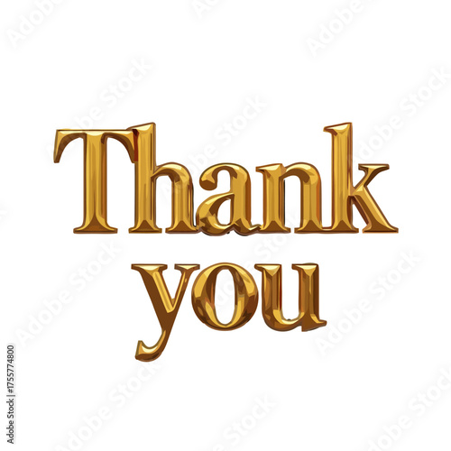 Luxurious 3d golden text that spells out thank you with metallic sheen and elegant curves, isolated on transparent, symbolizing wealth, success, and heartfelt appreciation