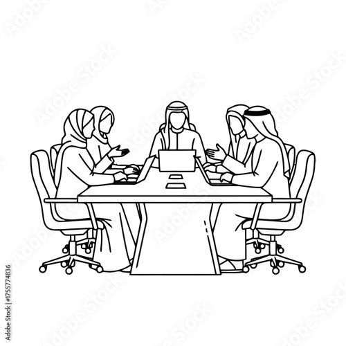 Group arab business people in meeting around table with laptops, discussing strategy and collaborating on project, line drawing