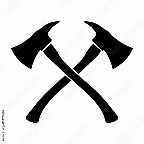 Silhouette of two crossed axes in a bold black vector design representing lumberjack tools, strength, craftsmanship, and traditional woodworking