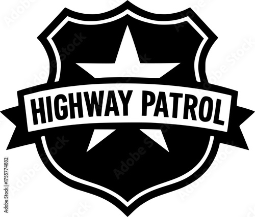 Bold Highway Patrol shield badge with star symbols in a strong black silhouette representing road safety, law enforcement, and official protection