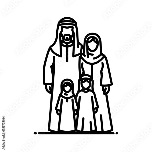 Stylized line icon representing an arab family, including father, mother, and two children