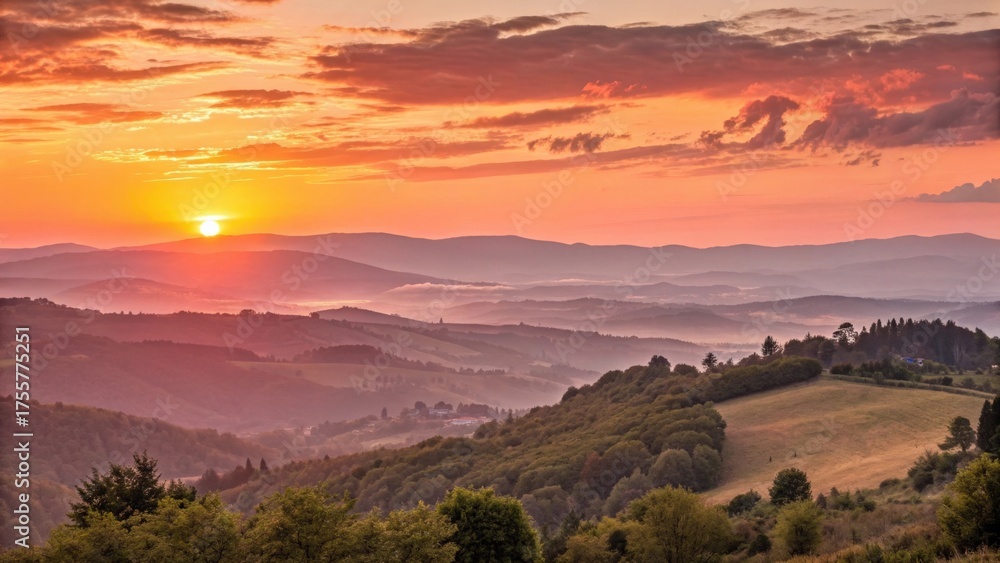 Fototapeta premium Spectacular sunset over rolling mountain range panorama