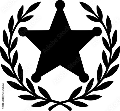 Black Sheriff Star Badge with Laurel Wreath, Vintage Law Enforcement Emblem, Retro Police Star Icon, Sheriff's Badge Vector, Wild West Sheriff Symbol