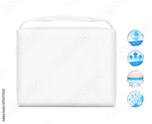 Stand bag with handle mockup. Vector illustration isolated on white background. Ready for your design. Suite for the presentation of diaper, wet wipes, changing mats, pads and etc. EPS10