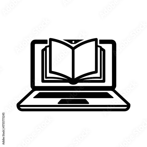 Icon an open book displayed on laptop screen, symbolizing online learning or digital library