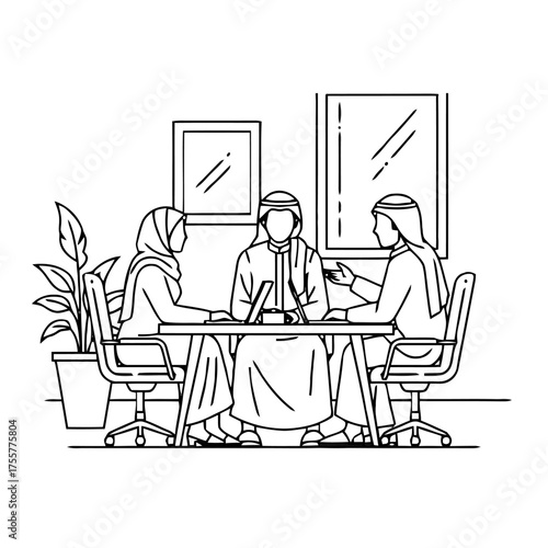 Arab business meeting with men and women in traditional clothing discussing work at table with laptops and plant in office