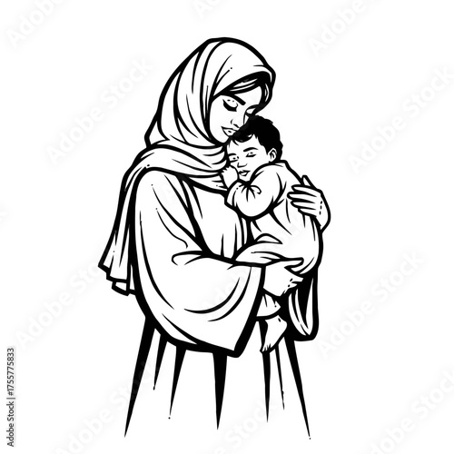 Mother wearing hijab holding her sleeping baby in her arms, tender moment love and care, motherhood