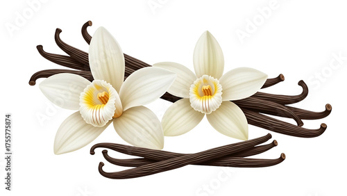 White Orchid Flowers and Vanilla Beans on Transparent Background Elegant Natural Arrangement