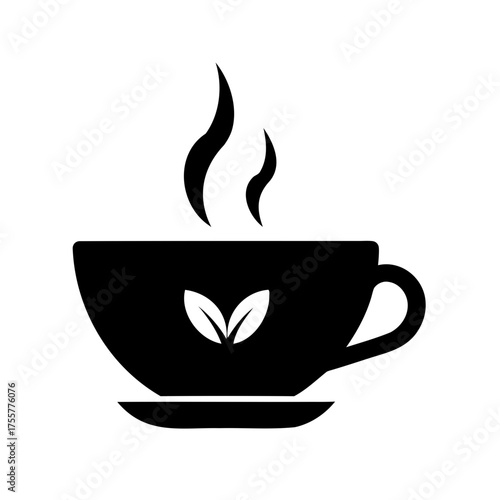 A stylized black silhouette of a tea cup with steam and leaves