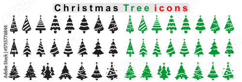 Christmas tree icons, silhouettes in black color. Vintage vector icons isolated on white background. Silhouettes of christmas trees with a stars at the top. Big set for decoration
